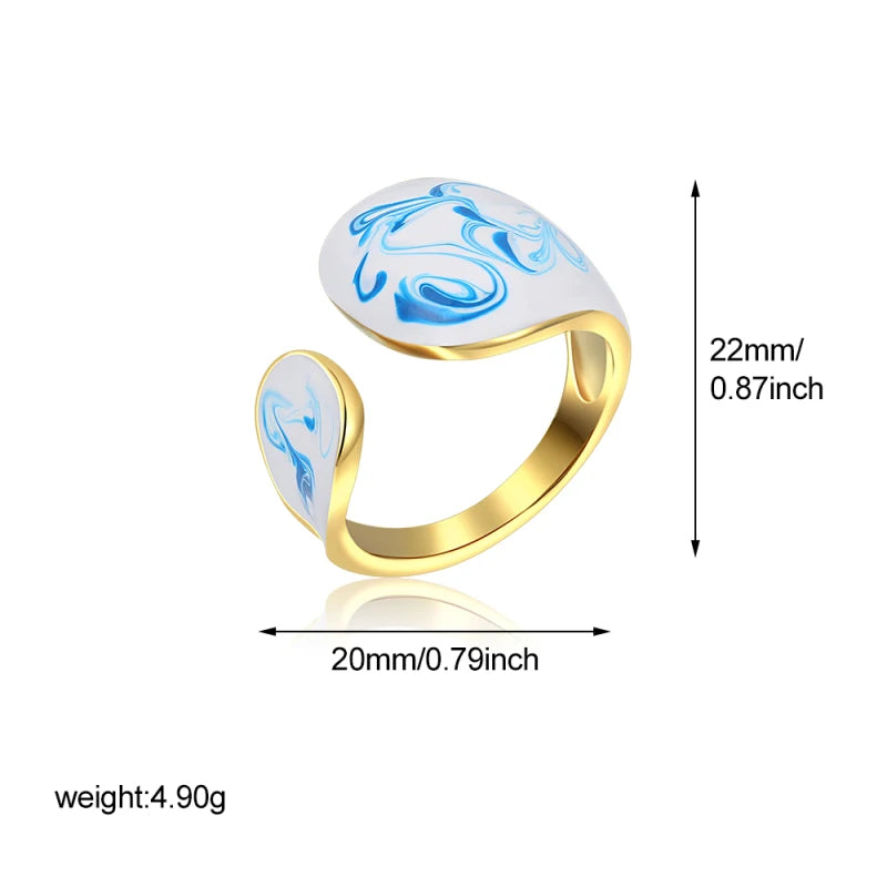 18k Gold Plated Stainless Steel Blue White Porcelain Waterdrop Dome Ring Geometric