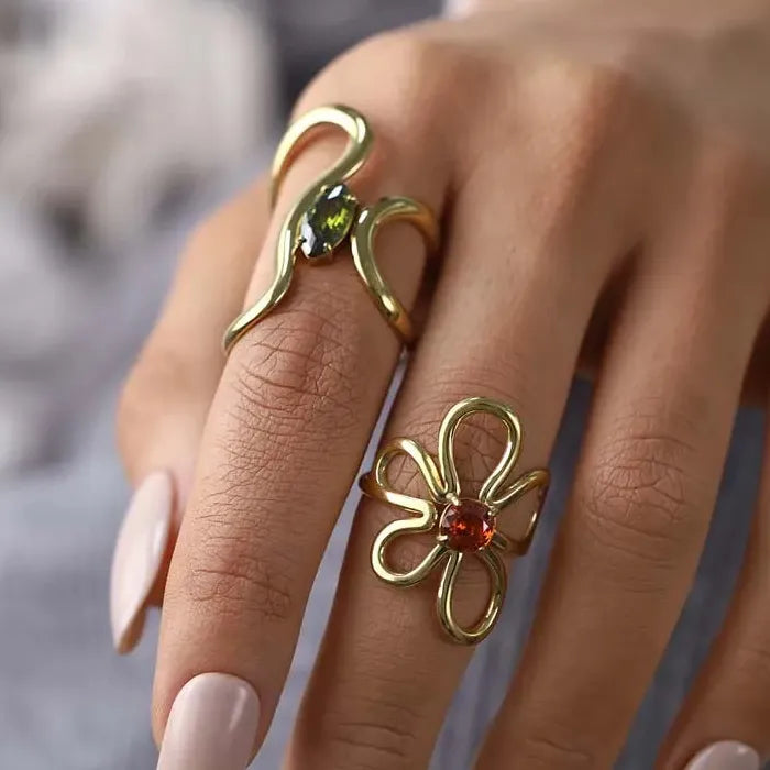 Stainless Steel Women’s Irregular Flower Ring Green Zircon Trendy Jewelry 2026