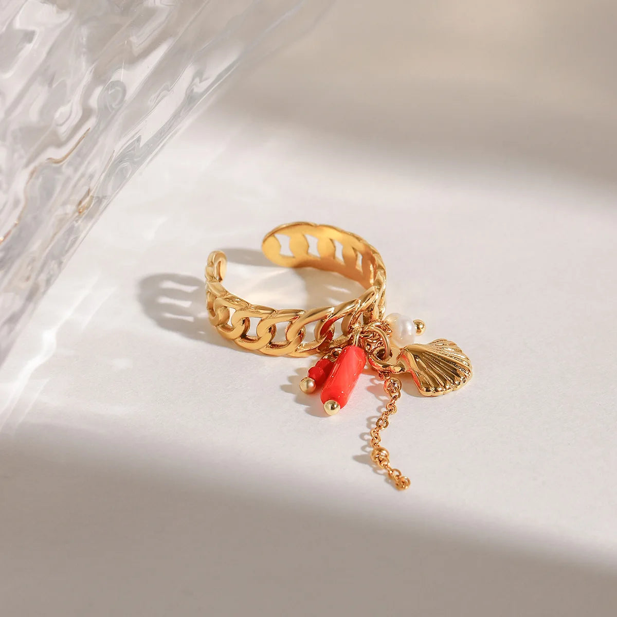 Stainless Steel Personality Rock Tassels Scallop Shell Pearl Red Beads Knuckle Ring