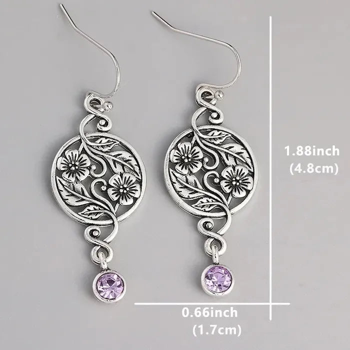 Vintage Purple Amethyst Hollow Round Leaves Dangle Earrings Zinc Alloy Boho Jewelry