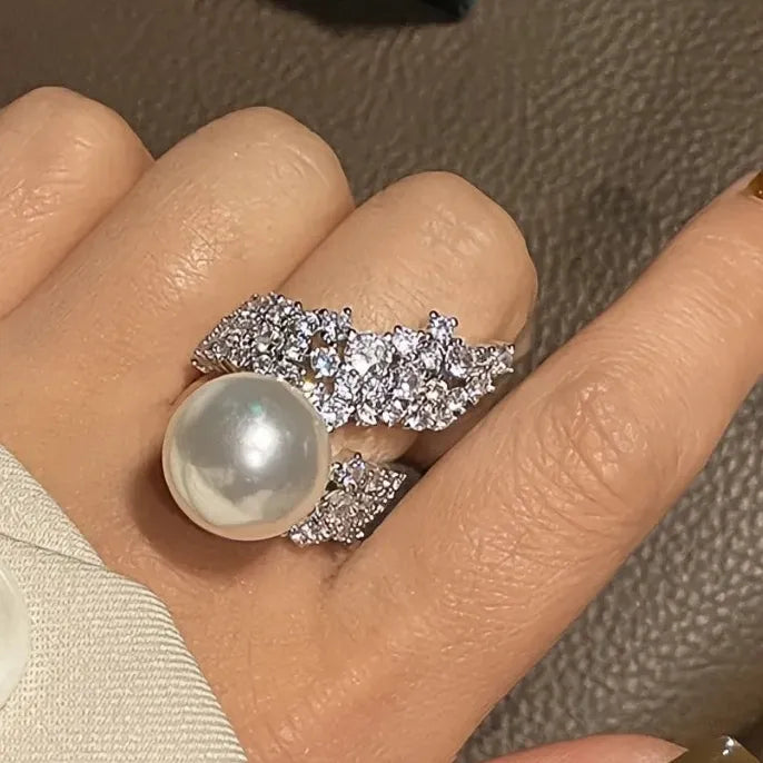 Simulated Pearl Wedding Ring with Zirconia Brass Luxury Jewelry for Women
