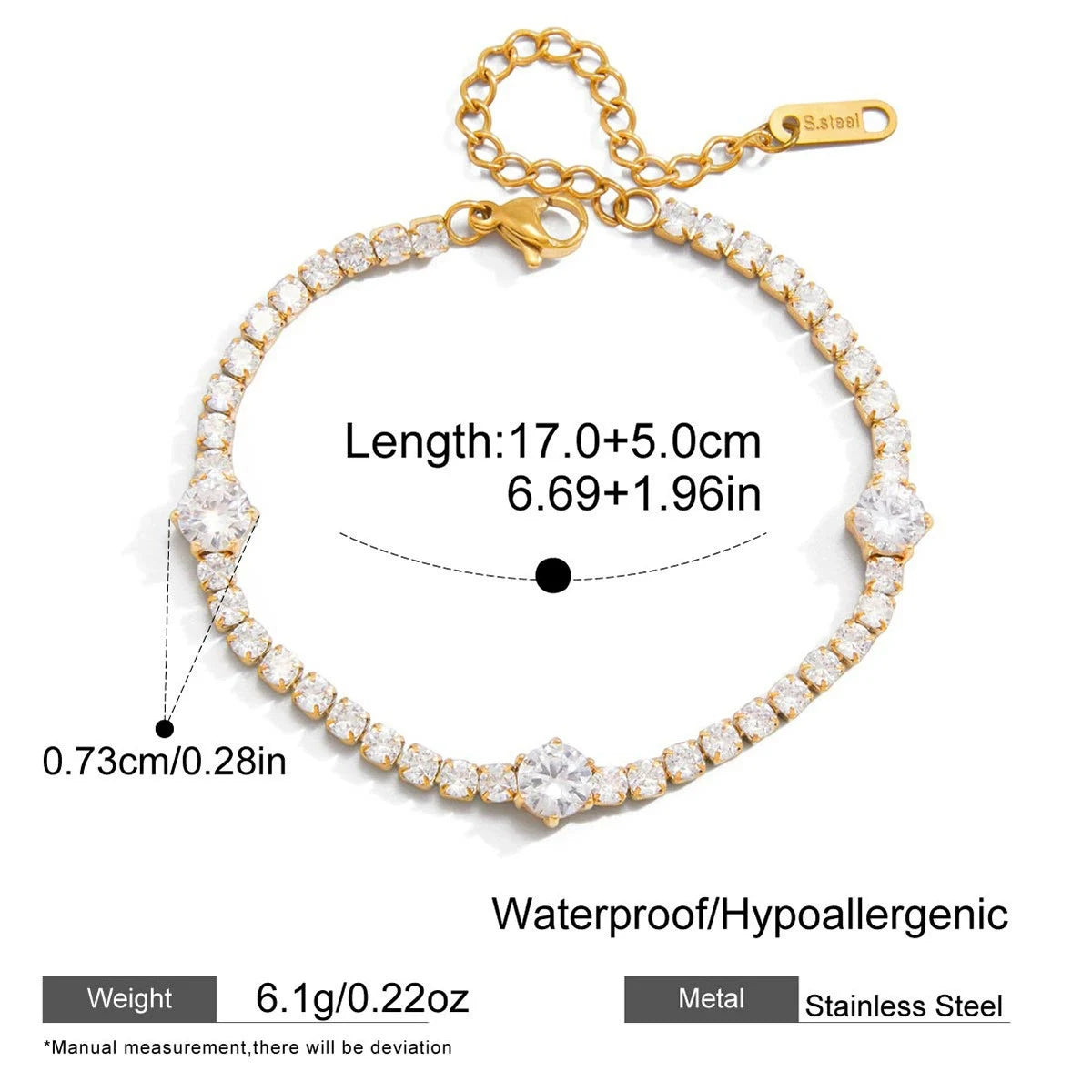 18K Gold Plated Stainless Steel Tennis Chain Bracelet CZ Zircon Fashion Jewelry Gift