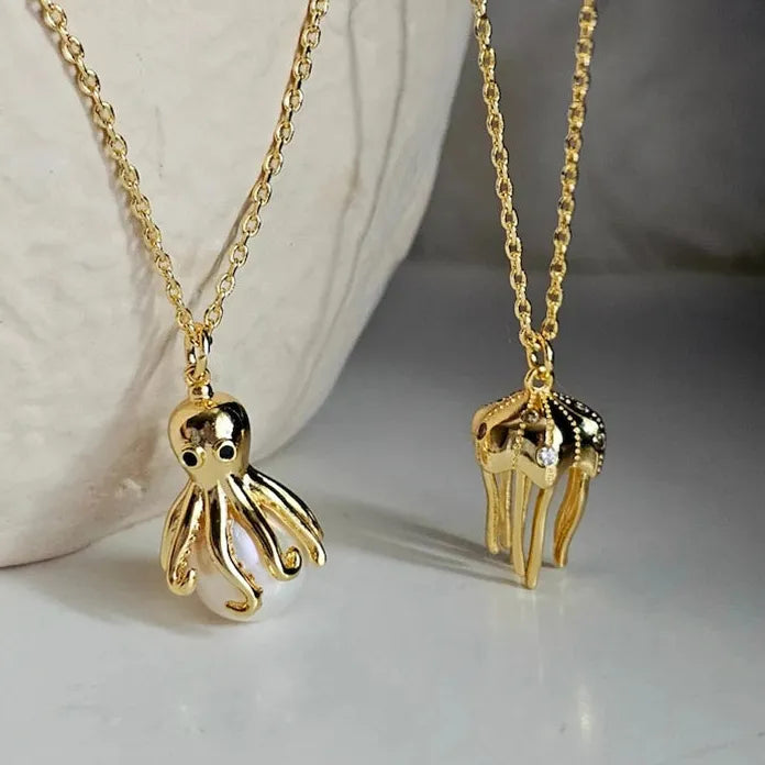 18K Gold Plated Octopus Pearl Necklace Ocean Jewelry Dainty Choker Pendant