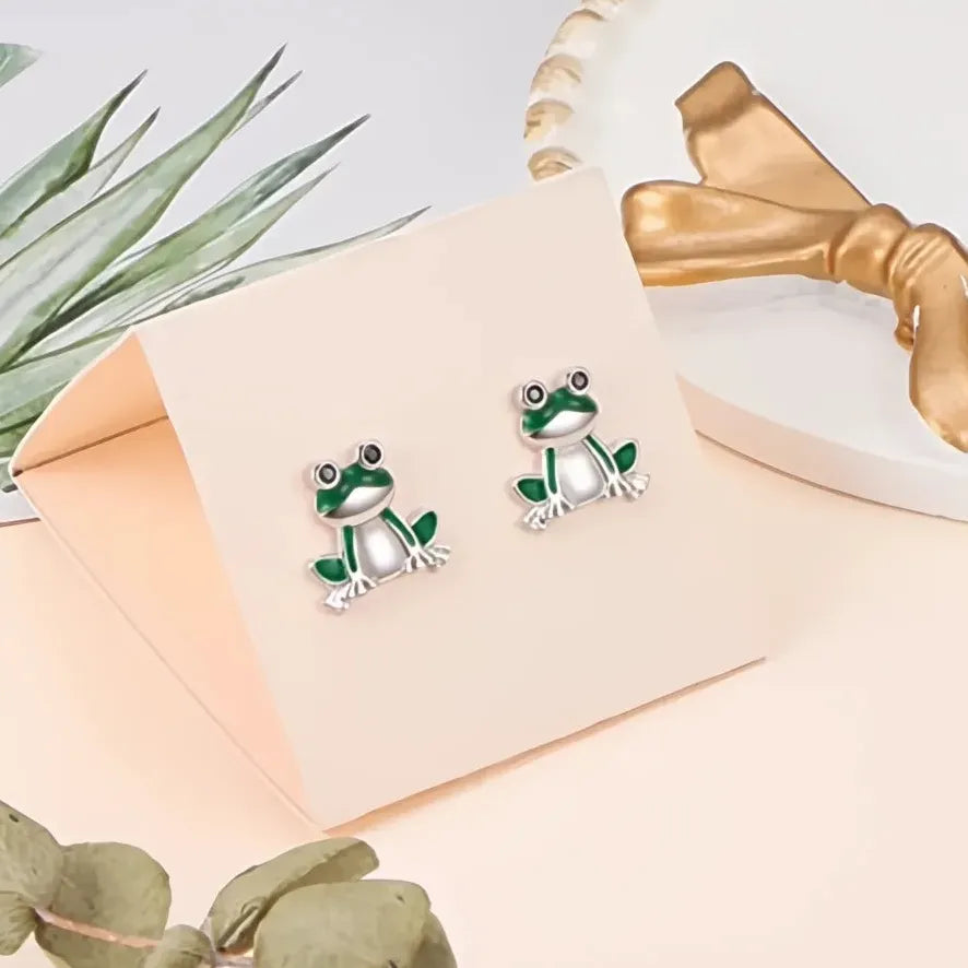 Green Frog Brass Enamel Stud Earrings Animal Jewelry Gift for Women & Teens