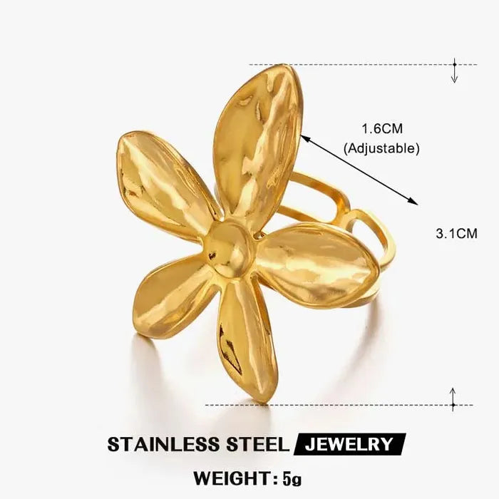 Adjustable Stainless Steel Flower Ring for Women Vintage Gold Petal Jewelry Gift