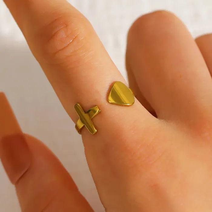Adjustable Stainless Steel Heart & Cross Ring for Women Casual Jewelry Gift