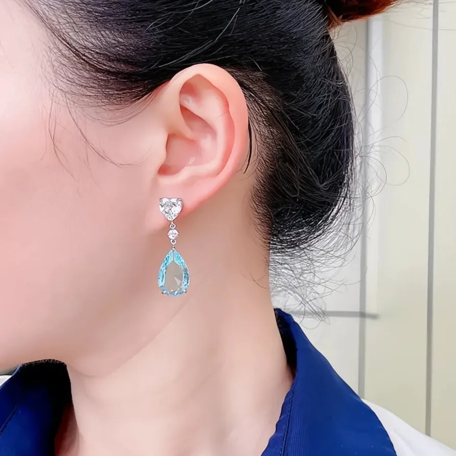 Elegant Blue Green Geometric Drop Earrings with Pear Cubic Zirconia