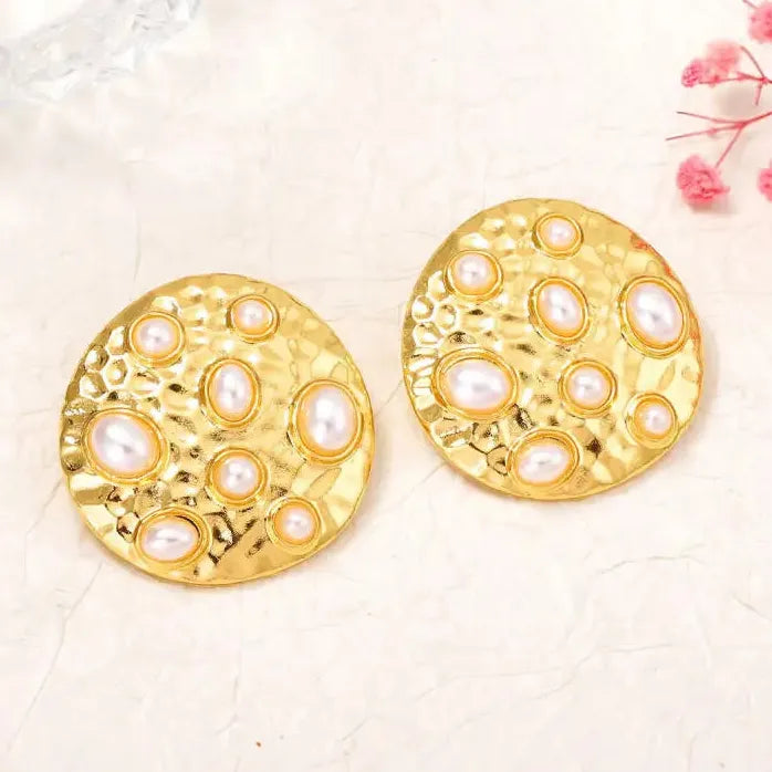 Bohemian Pearl Drop Earrings for Women Round Inlay Jewelry Gift Elegant