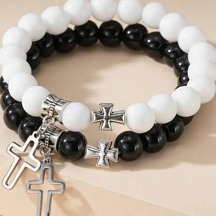 2Pcs Pink Crystal Beads Cross Bracelets Natural Stone Couple Jewelry Gift Set
