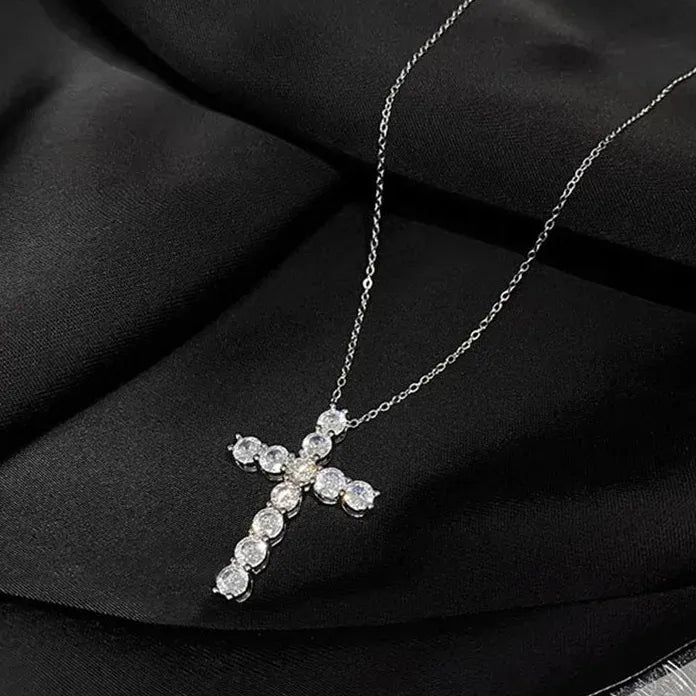 Stainless Steel Cross Pendant Necklace with Crystal Zircon for Women Men