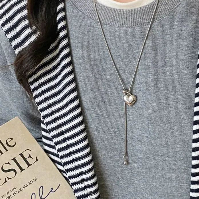 Stainless Steel Heart Pendant Necklace with Round Ball Sweater Chain for Women