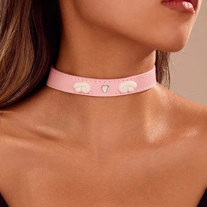 Leather Angel Wing Heart Choker Necklace Wide Chunky Collar for Women Men Punk