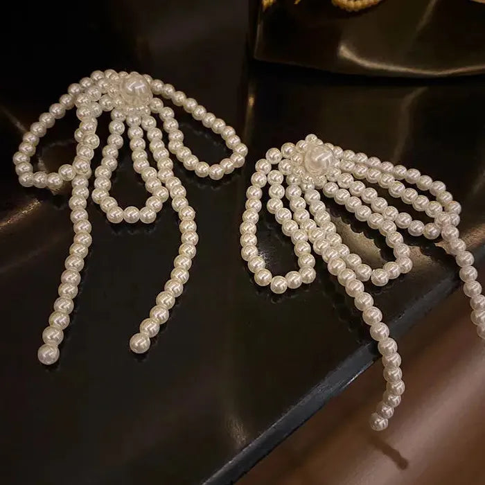 2026 Korean Handmade Zinc Alloy Bow Pearl Tassel Earrings for Women