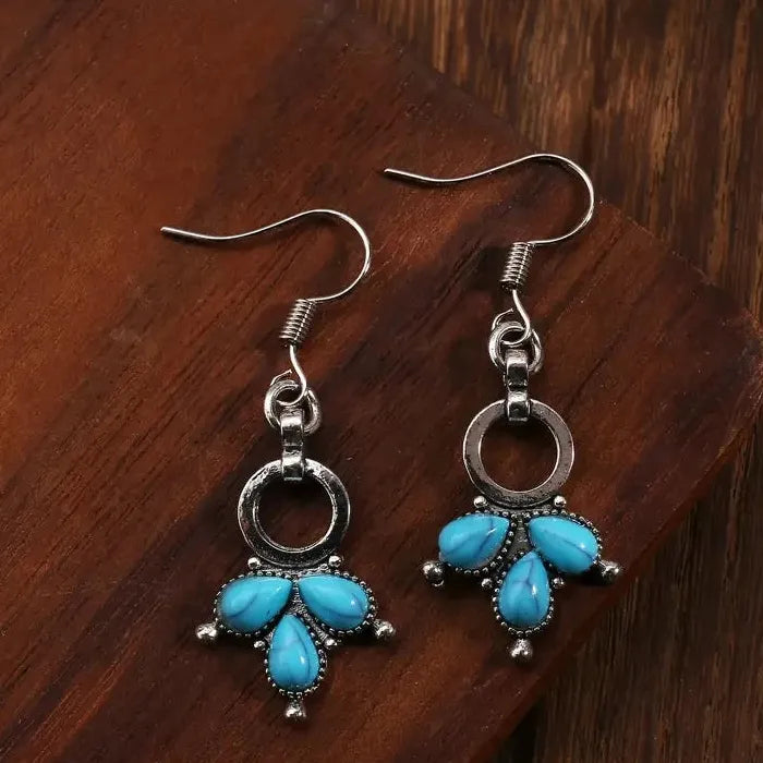Retro Clover Turquoise Pendant Drop Earrings for Women Zinc Alloy Jewelry