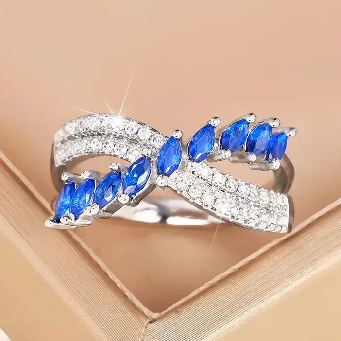 Women's Geometric Cross Ring with Blue & White Cubic Zirconia Jewelry