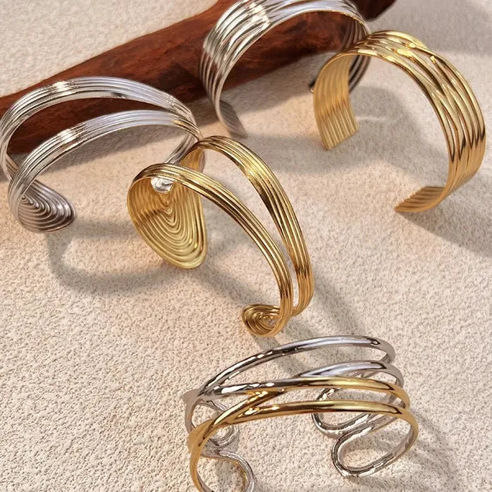 Stainless Steel Geometric Cuff Bracelet Open Bangle Minimalist Waterproof Jewelry