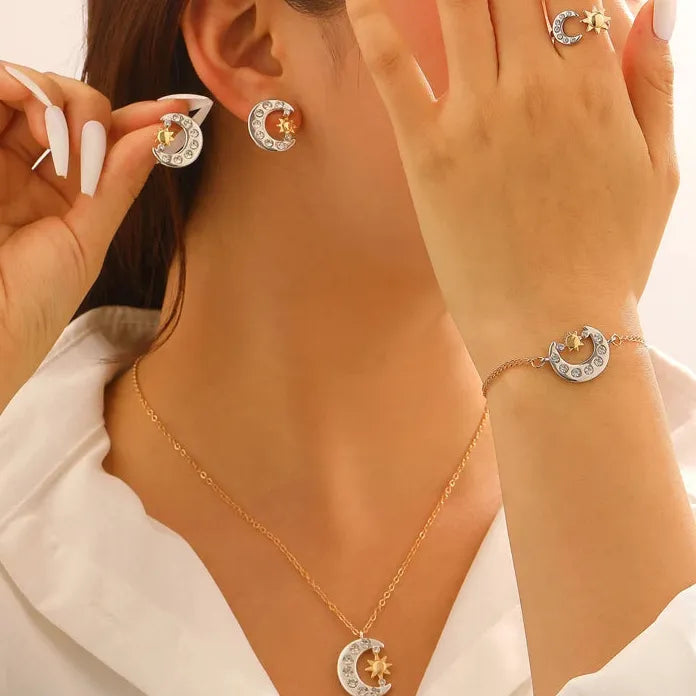 Vintage Zinc Alloy Moon Sun Jewelry Set for Women Necklace Earrings Ring Bracelet