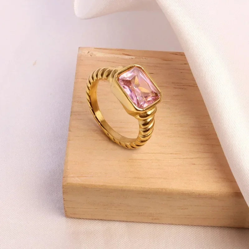 18K Gold Plated Stainless Steel Square Multi-Color Crystal CZ Chunky Ring