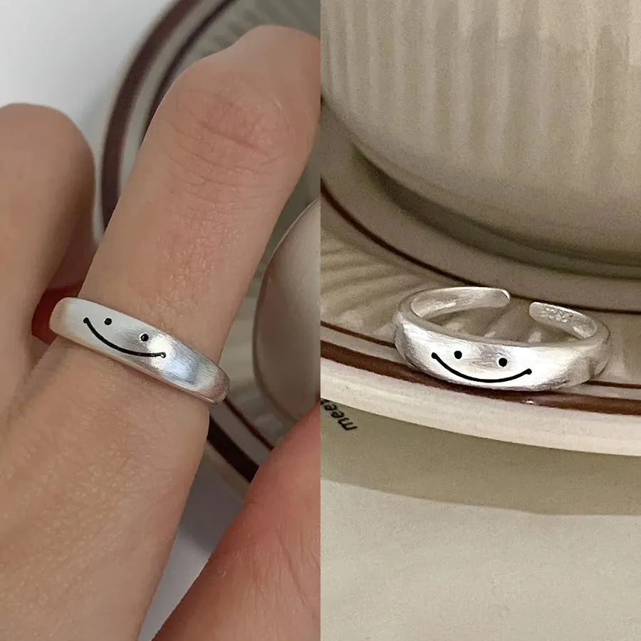 Adjustable Silver Smile Shape Ring for Women Vintage Jewelry Gift Fashion