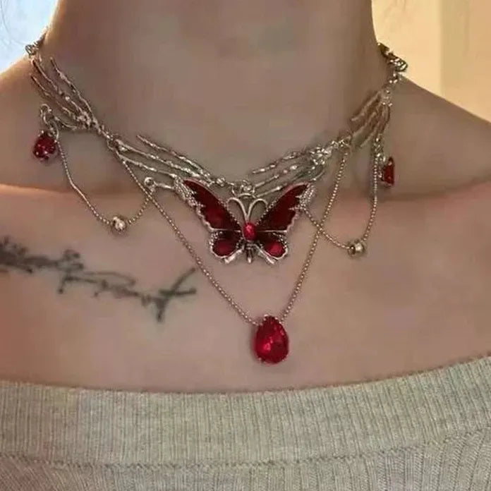 Gothic Red Crystal Butterfly Pendant Silver Ghost Claw Short Choker Necklace Women Jewelry