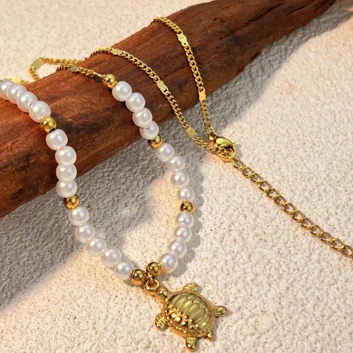 Stainless Steel Pearl Sun Shell Turtle Pendant Necklace Mini Choker Jewelry