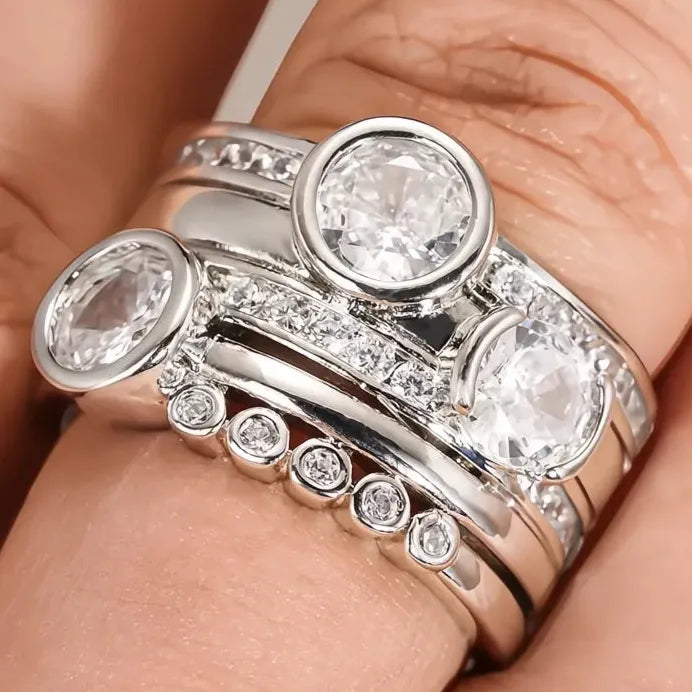 Silver Women's Geometric Cubic Zirconia Wedding Band Ring for Party