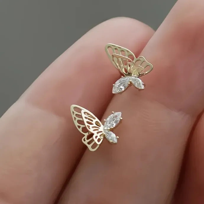 Gold Butterfly Stud Earrings for Women with CZ Stones Copper Alloy
