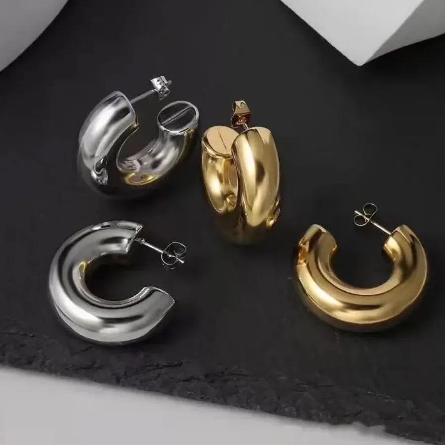 Gold Color Stainless Steel Chunky Round C Shape Clip Punk Earrings for Women