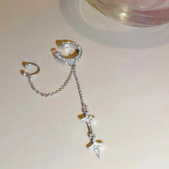 Silver Star Crystal Tassel Clip-On Cuff Earrings for Women Jewelry