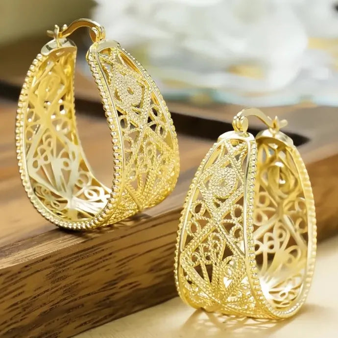 Boho Gold Brass Geometric Filigree Hoop Dangle Earrings Gift for Women