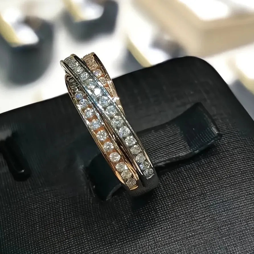 Two Tone Brass CZ Geometric Cross Wedding Rings for Women