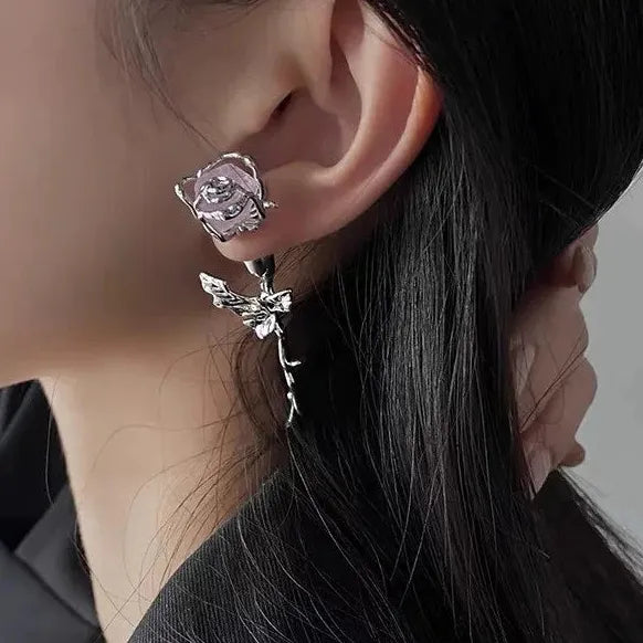 Copper Purple Crystal Rose Thorn Branch Stud Earrings for Women Vintage Jewelry
