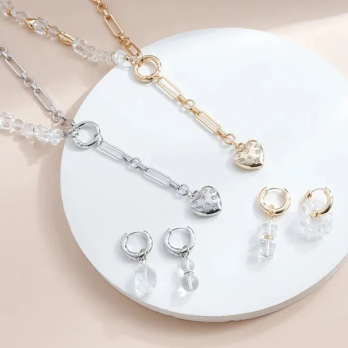 Crystal Heart Zinc Alloy Pendant Necklace & Earrings Set for Women