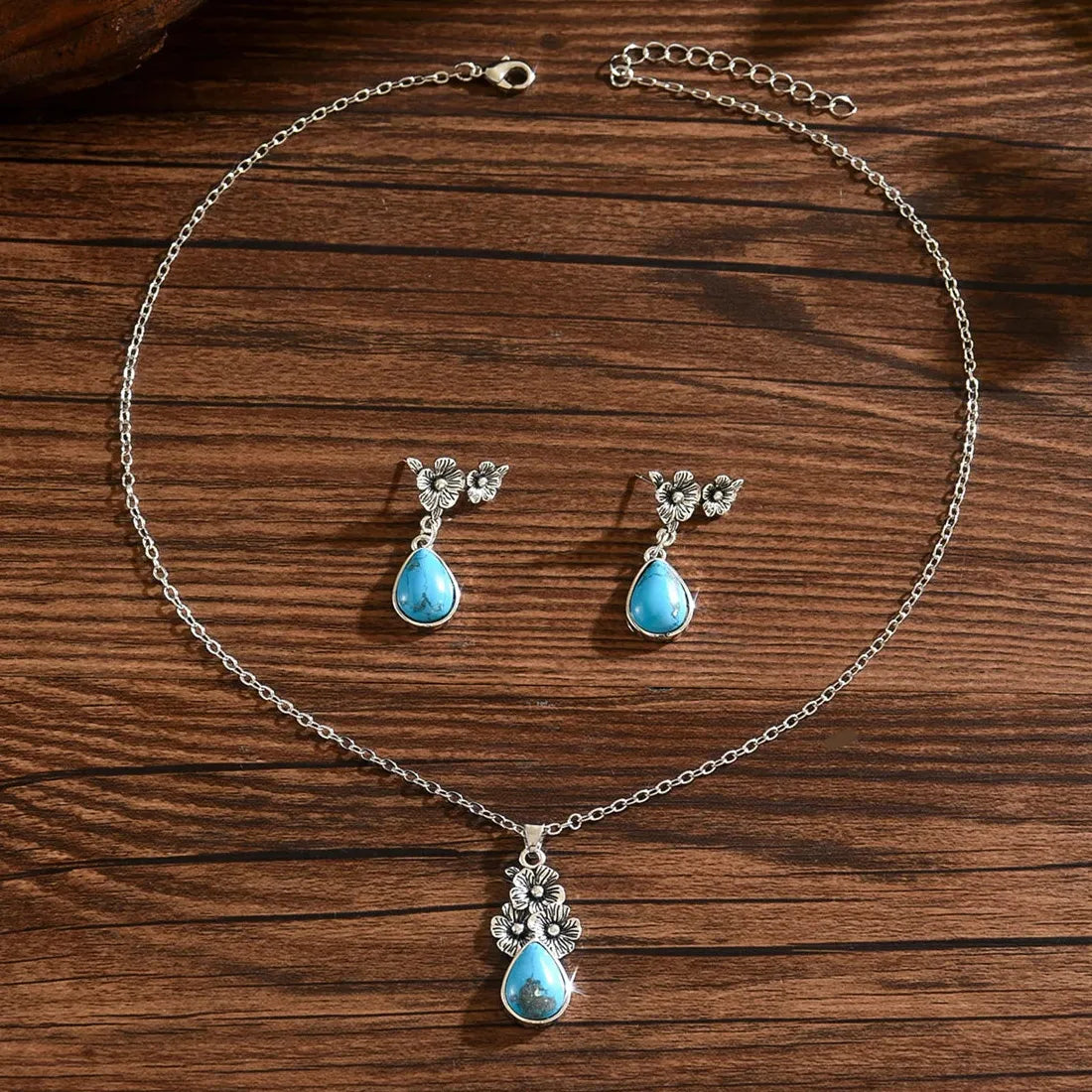 Vintage Floral Asymmetrical Long Drop Earrings Blue Stone Metal Necklace Set
