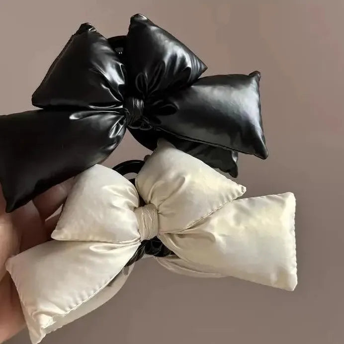 Large Black PU Leather Bow Claw Clip No-Slip Hair Accessory for Thick Hair