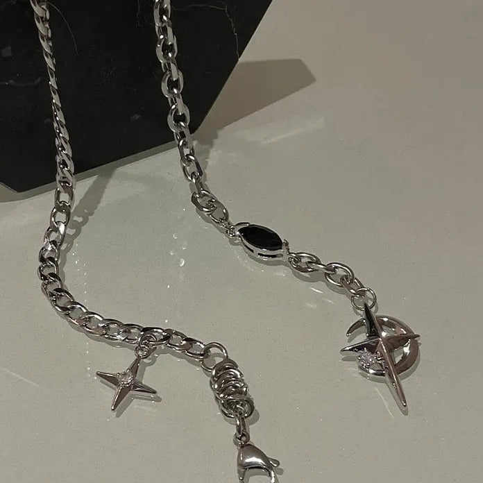 Y2K Cuban Figaro Chain Star Moon Pendant Necklace Zinc Alloy Jewelry