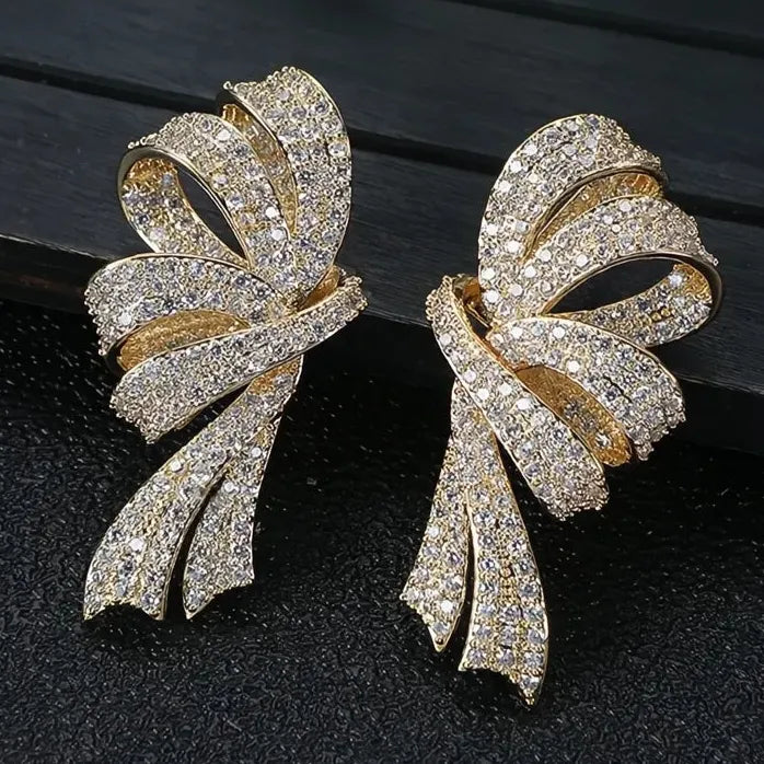Trendy Bow Drop Earrings Silver Gold CZ Ribbon Jewelry for Women