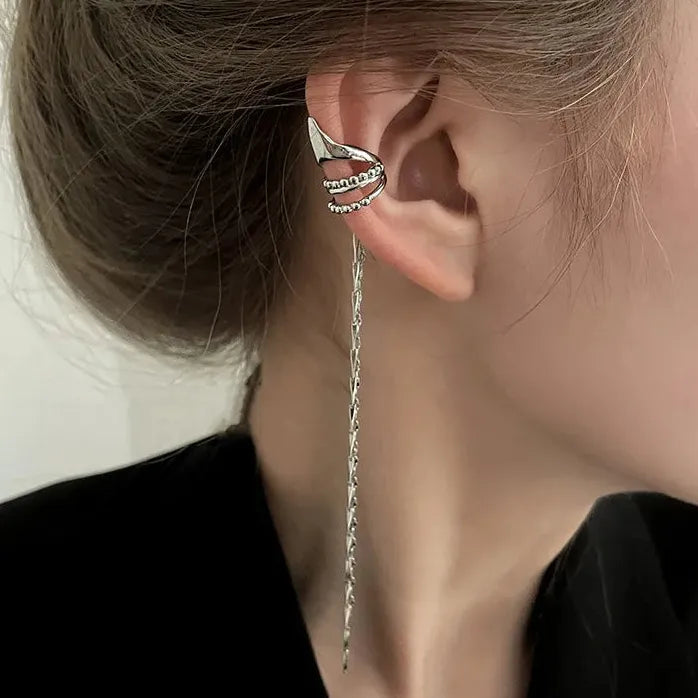 Punk Black Asymmetric Moon Star Clip Earrings Tassel Ear Cuff Jewelry