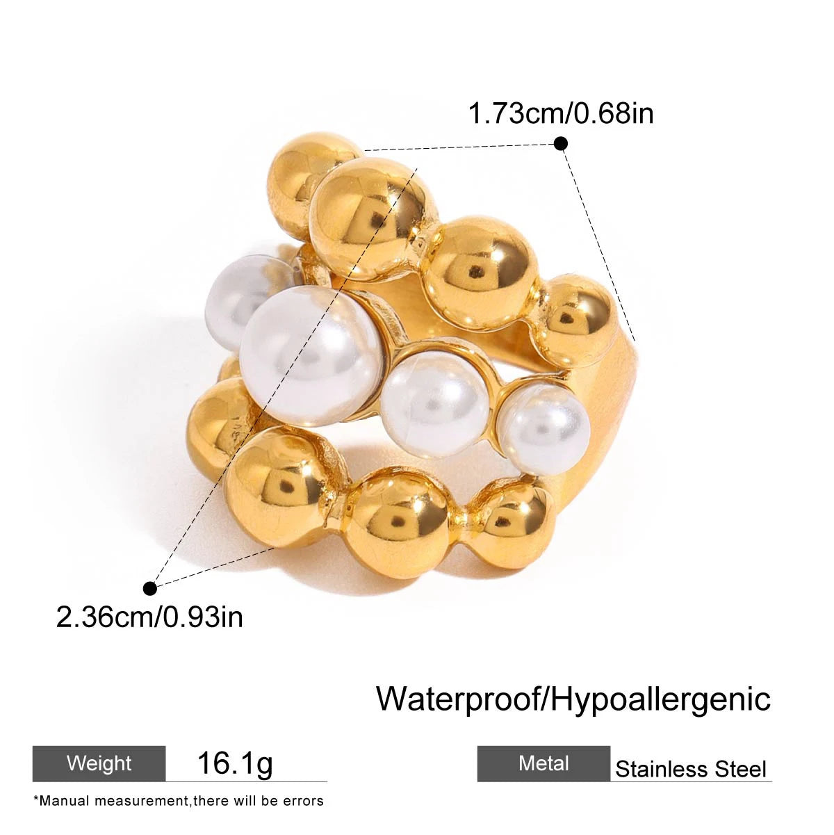 18k Gold Plated Stainless Steel Oversize Hollow Geometric Spiral Pearl Ring for Women