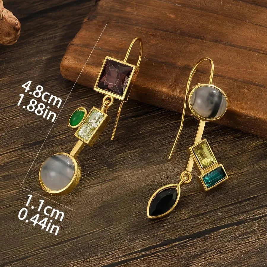 Gold Geometric Drop Earrings with Natural Stone Inlay Bridal Wedding Jewelry Gifts