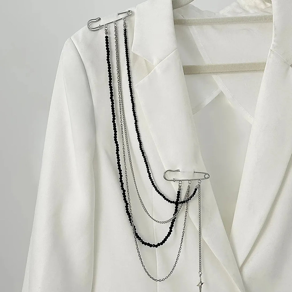 Star Pendant Tassel Brooch with Black Crystal Beads Zinc Alloy Jewelry Gift
