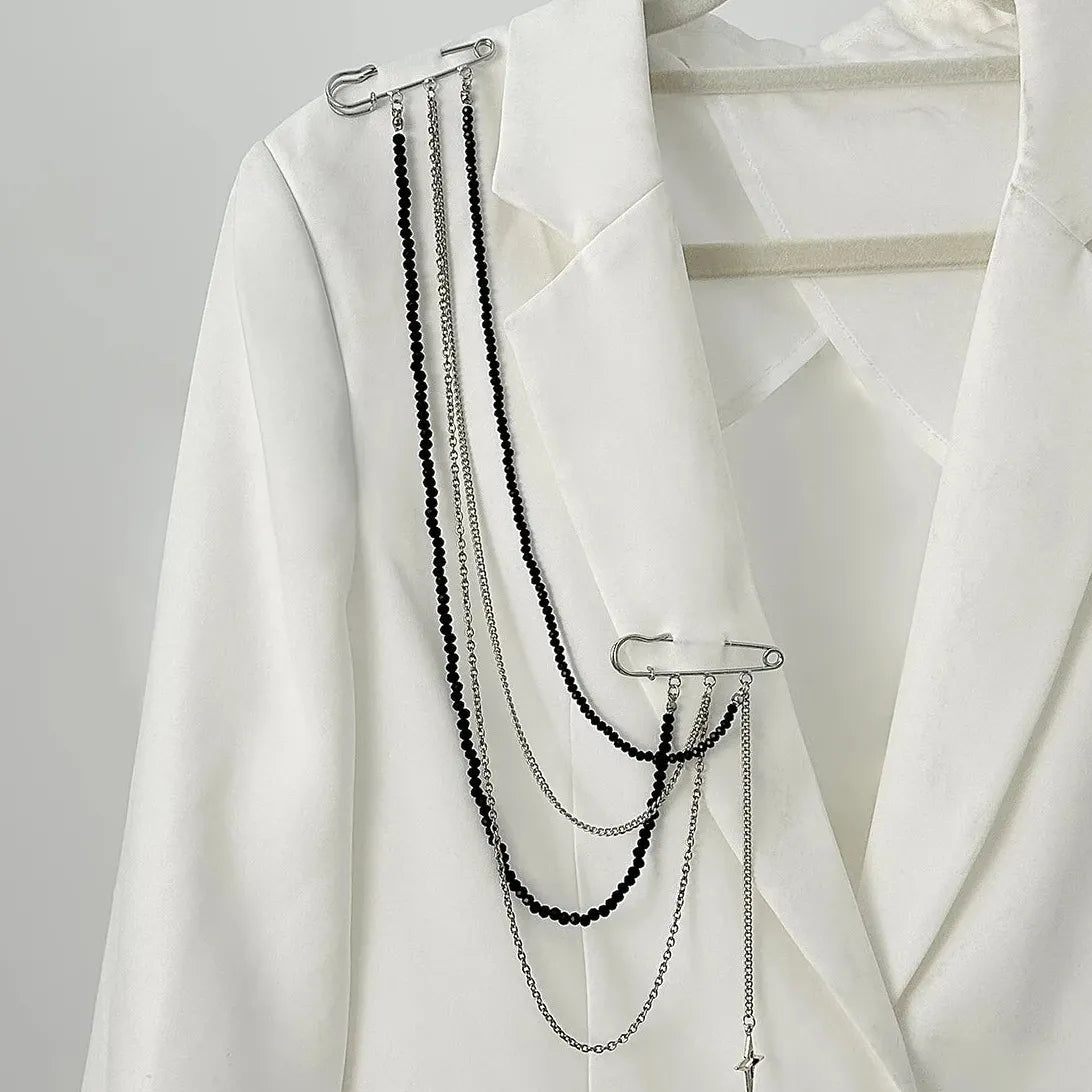 Star Pendant Tassel Brooch with Black Crystal Beads Zinc Alloy Jewelry Gift