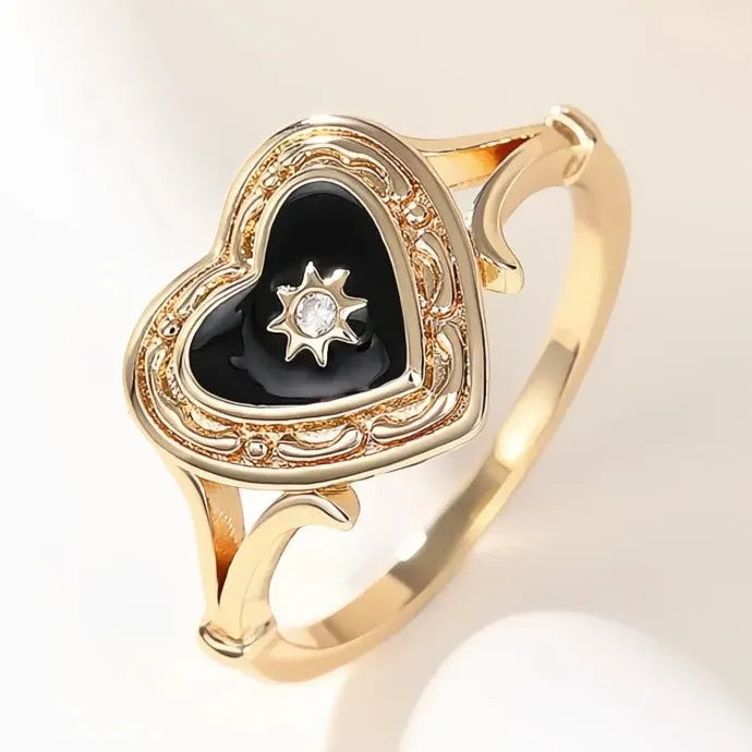 Black Heart Enamel Ring with Sun Design for Women Wedding Party Brass Cubic Zirconia