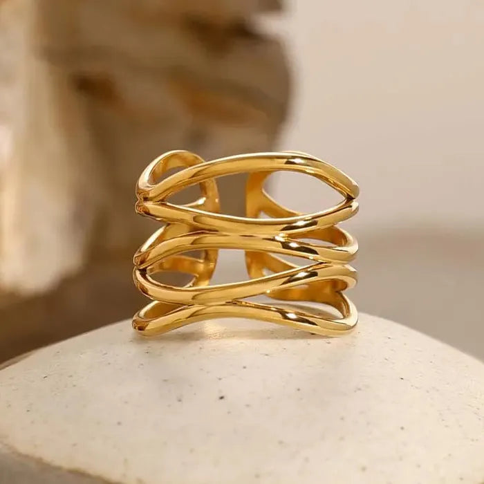 Adjustable Stainless Steel Gold Geometric Irregular Line Mood Tracking Ring for Women