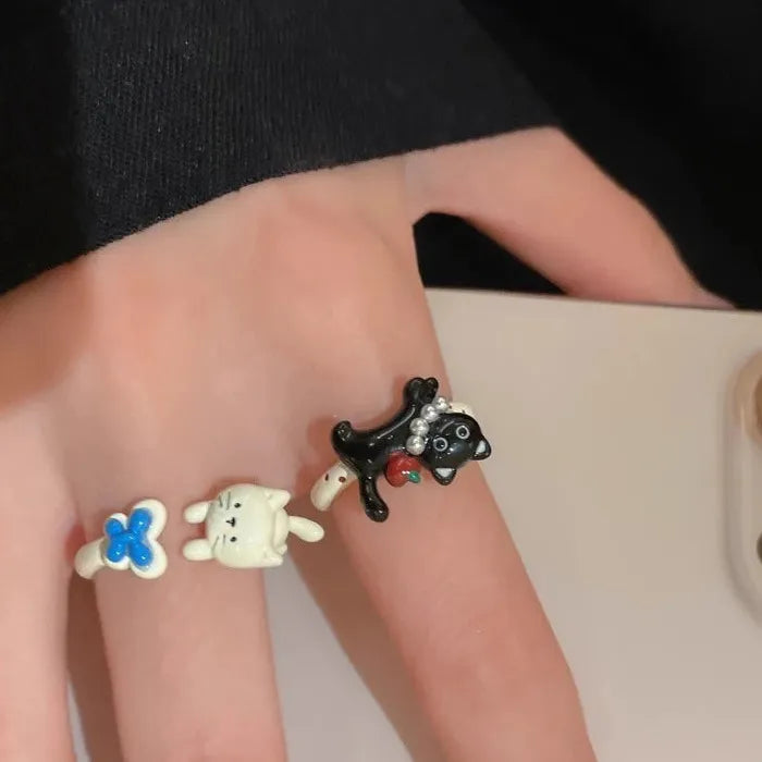 Adjustable Cat Ring for Women Featuring Pearl Inlay Butterfly Apple Gift