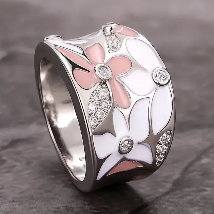 Geometric Silver Enamel Flower Ring with Cubic Zirconia for Women Gift