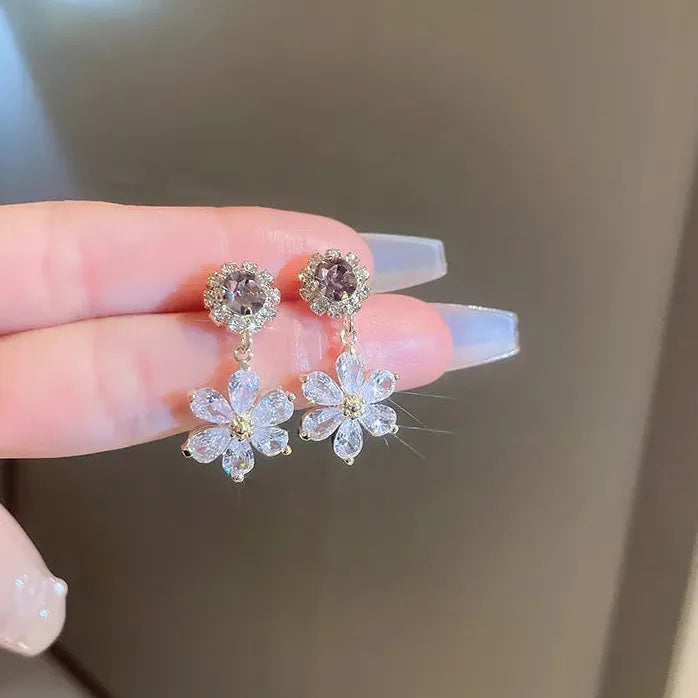 Luxury Crystal Flower Neo-Gothic Stud Earrings Stainless Steel Women Jewelry Gift