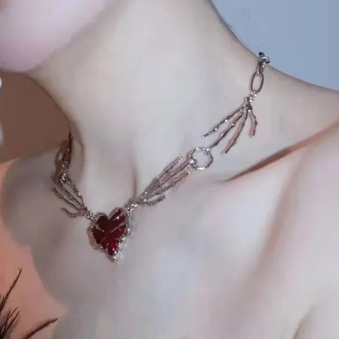 Gothic Red Crystal Heart Pendant Necklace Y2K Fashion Jewelry Accessory