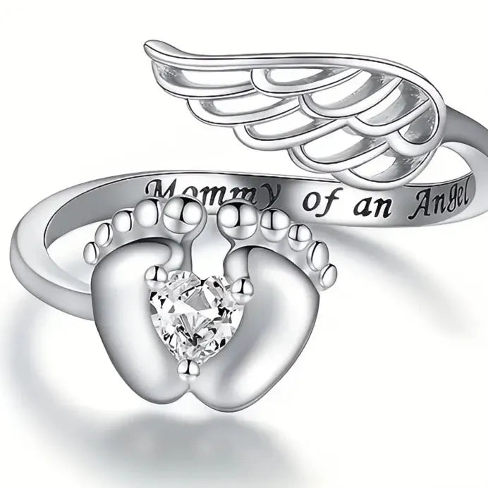 Elegant Wing Shaped Women’s Ring with Baby Feet Inlaid CZ Brass Jewelry