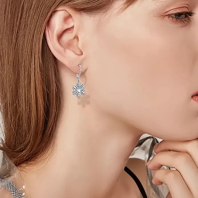 Silver Snowflake Drop Earrings with Imitation Moonstone Holiday Gift